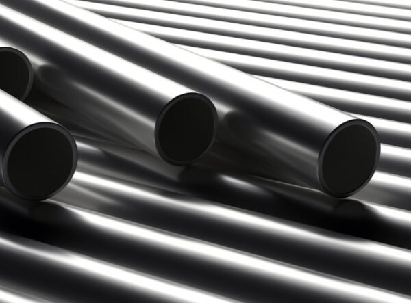 Pipes tubes steel metal background. Round shale stacked, banner. Products for utilities services, construction industry. 3d illustration